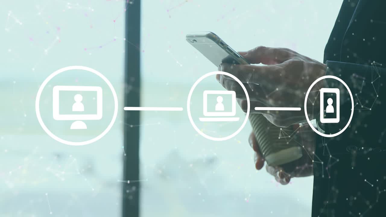 Upon desktop icon appearing man tapping smartphone connecting device icons for seamless workflow