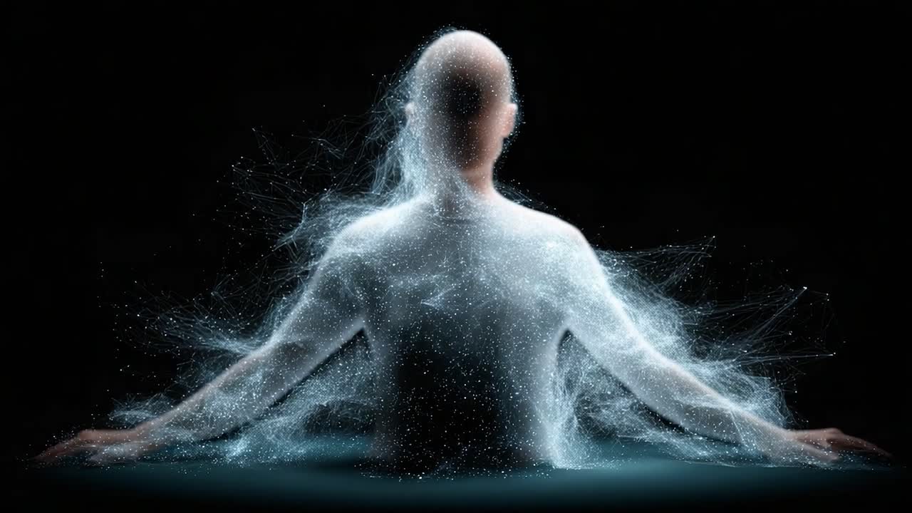 Ethereal Transformation: A Visual Journey Through the Evolving Essence of a Human Form Surrounded by Glowing Particles and Energetic Displays in a Dark Space