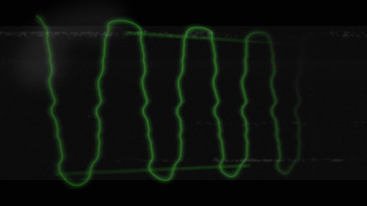 Animation of glowing green multiple waves with glitch on black screen in the background