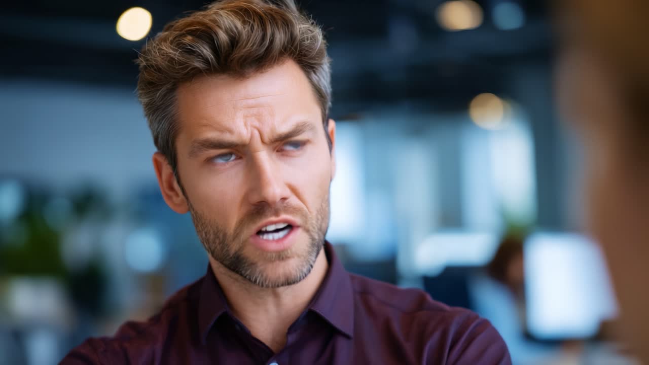 Intense Exchange: A Focused Man with Striking Blue Eyes Engages in a Serious Conversation in a Modern Office Environment
