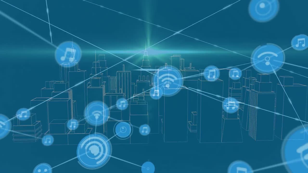 Animazione di una rete di connessioni con icone su una città digitale su sfondo blu