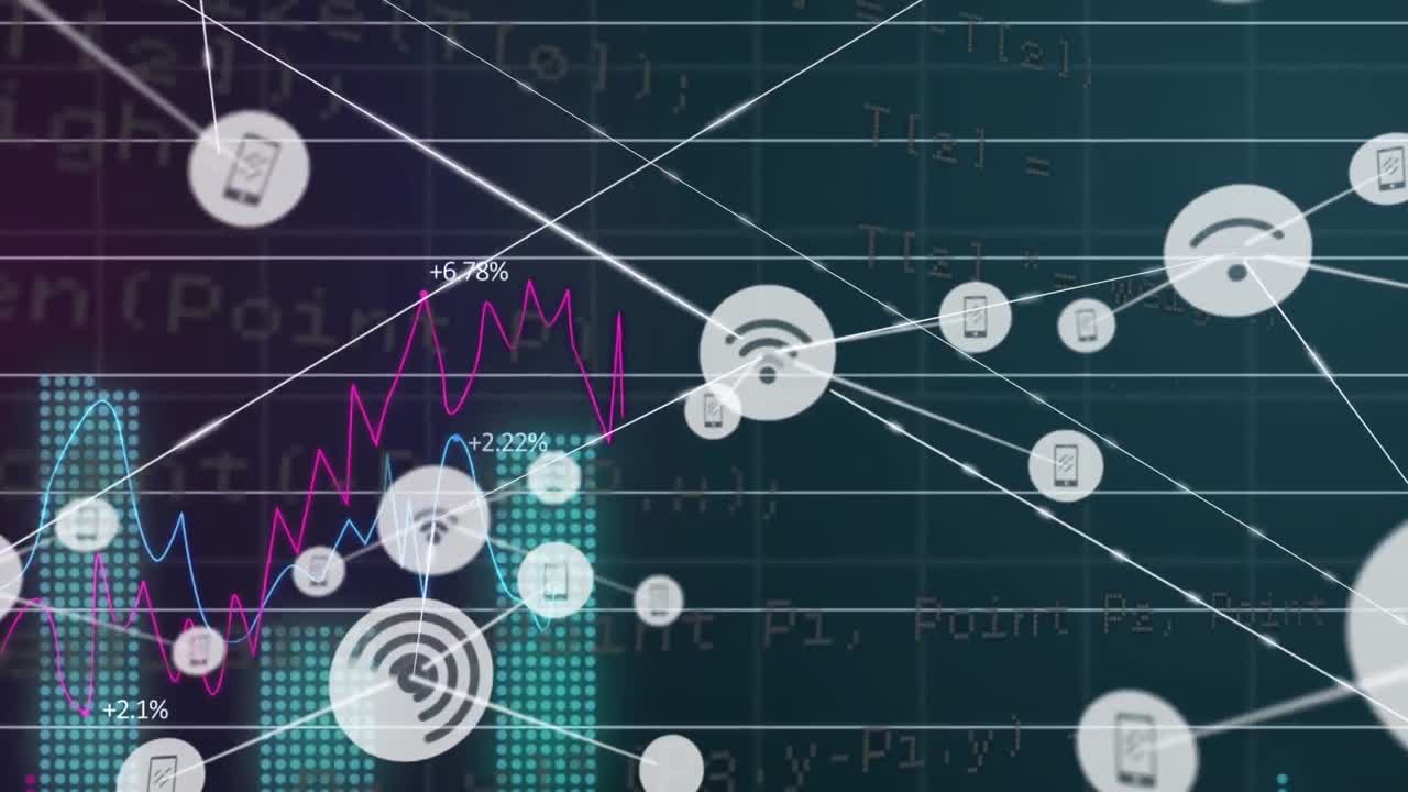 animación de conexiones con iconos y procesamiento de datos sobre fondo oscuro