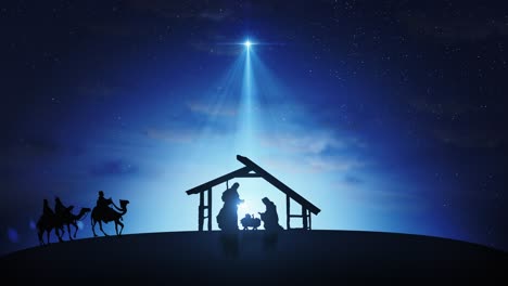 christmas nativity scene animation with trees under starry sky