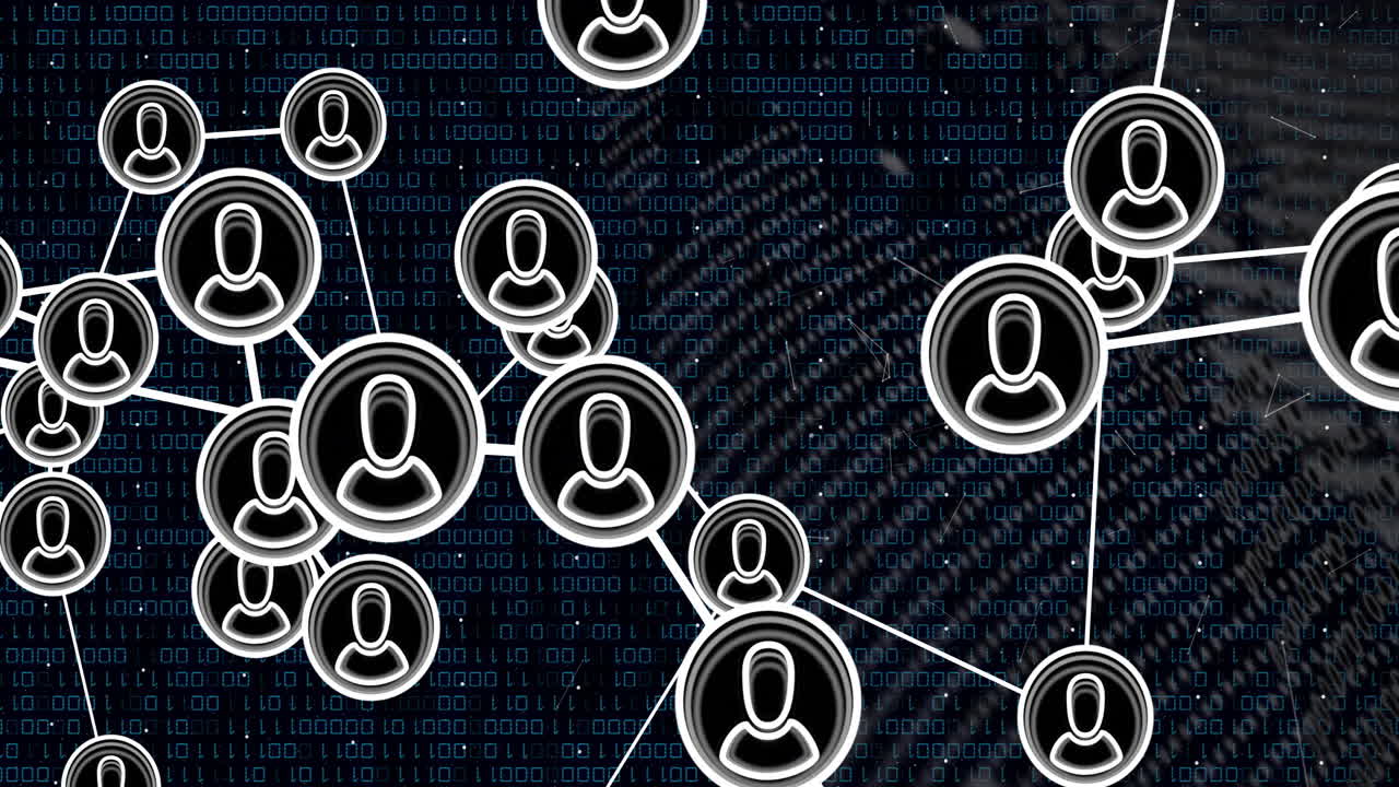 Animation of network of connections with icons over globe on black background