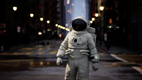 astronaut in a futuristic city at night