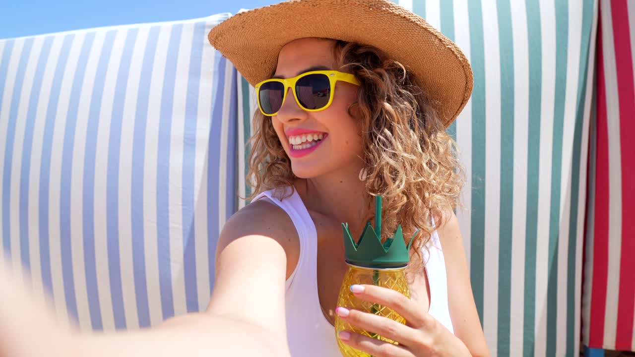 Happy Woman with Pineapple Drink on Beach Vacation