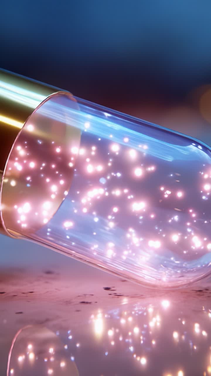 Un'affascinante capsula di vetro piena di polvere magica scintillante che riflette un'atmosfera onirica in un ambiente quasi astratto di colori tenui e luci brillanti
