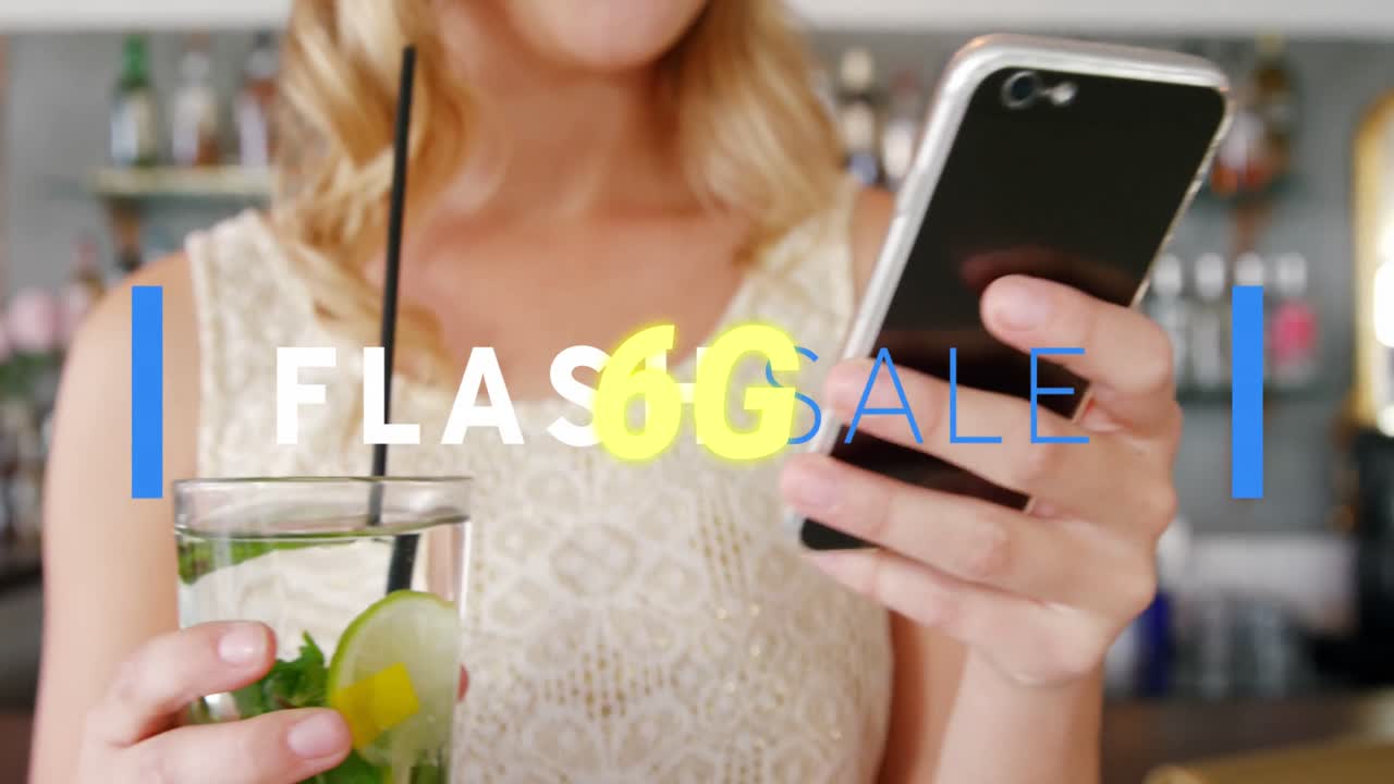 Animation of flash sale text and 6g text over caucasian woman using smartphone