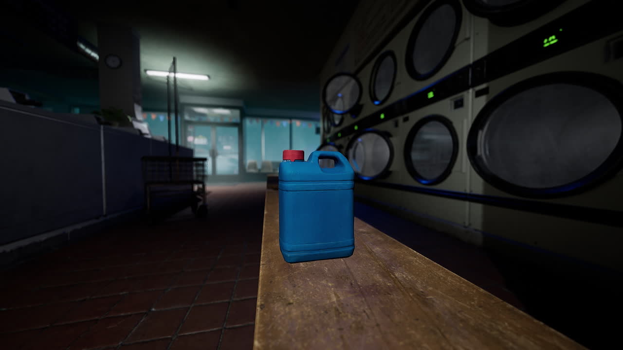 una botella azul de detergente se sienta en un banco en una alfombra de lavandería
