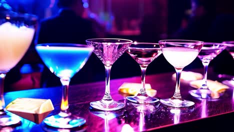 a row of colorful cocktails on a bar counter