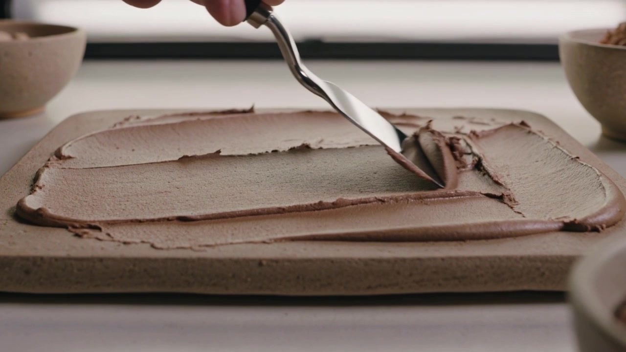 Mano che inizia una passata con una spatola angolata, levigando la ganache su un tagliere in cucina per una finitura lucida, con delle ciotole.
