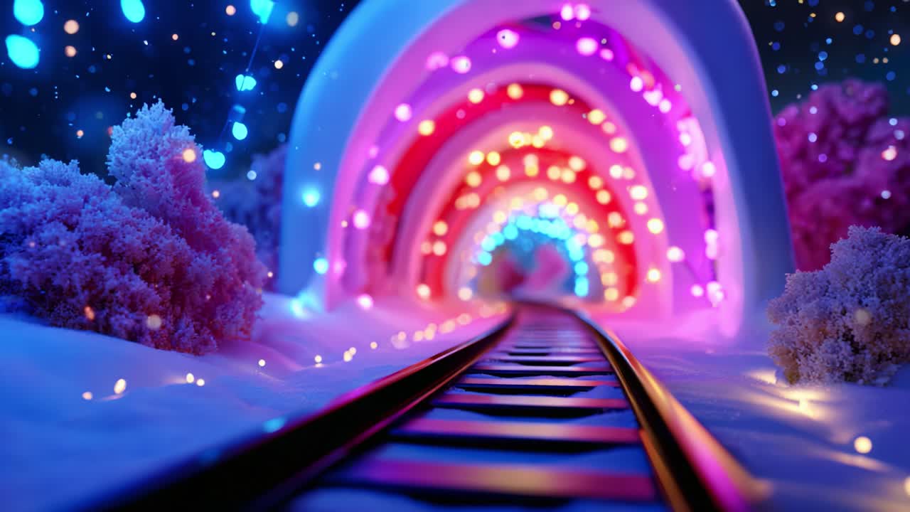 A Vibrant, Festively Illuminated Tunnel of Lights Over a Snowy Railroad Track, Creating a Magical Atmosphere Filled with Colorful Patterns and Winter Charm in a Whimsical Setting