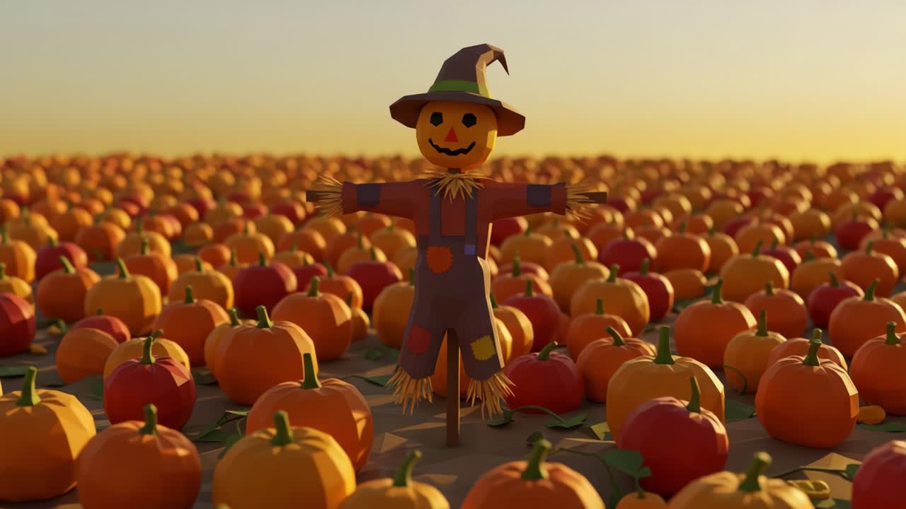 A Whimsical Scarecrow Amidst a Lush Pumpkin Field at Dusk, Capturing the Essence of Autumn Harvest and Festive Spirit in Vibrant Colors