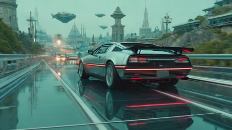 futuristic car driving through a sci-fi city