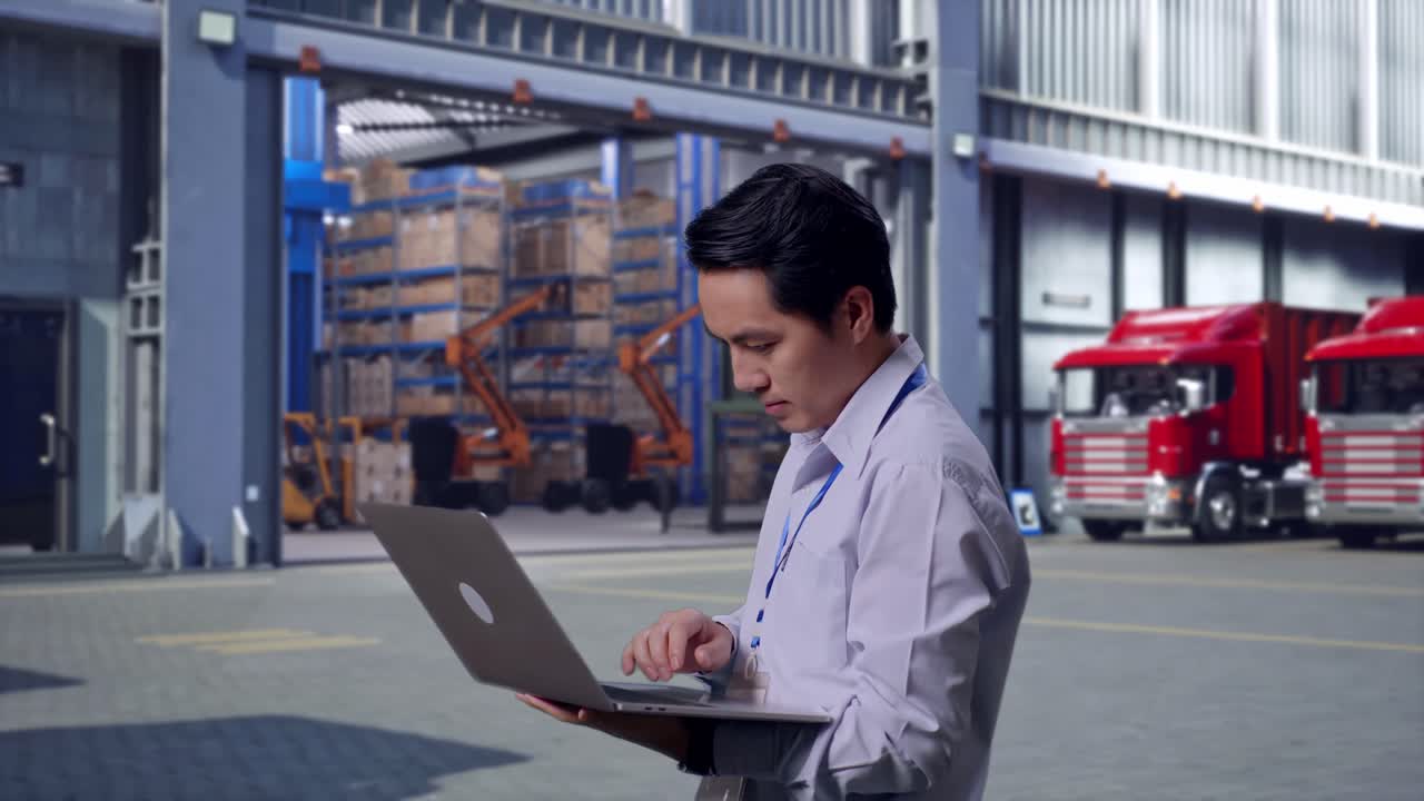 Side View Of An Asian Male Professional Worker Standing With His Laptop, Outside of Logistics Distributions Warehouse, Typing On His Laptop'S Keybaord With Meditation