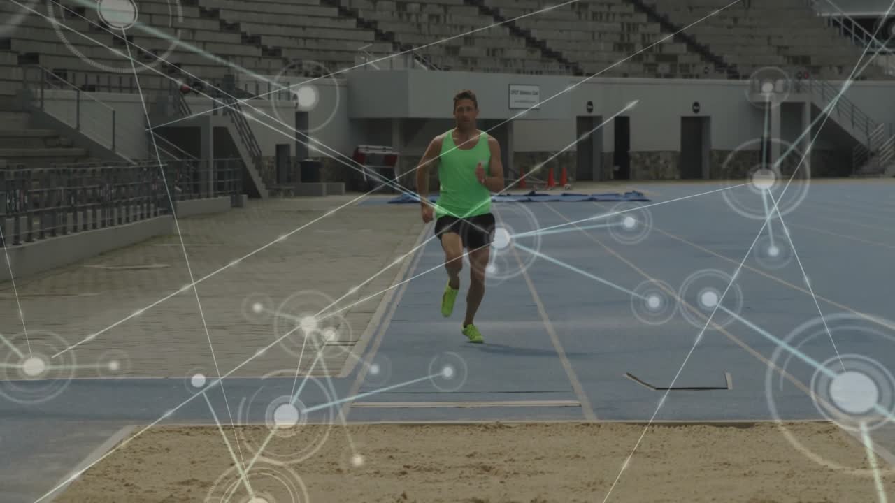 Running on track, athlete with animated network connections overlay in stadium