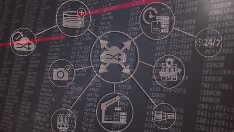 animación de iconos que caen sobre el procesamiento de datos en un fondo oscuro