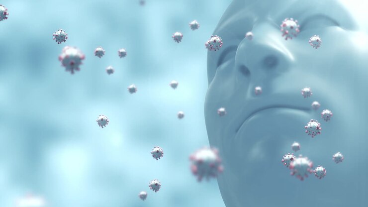 Animation af makro-coronavirusceller, der svæver over en 3D-menneskemodel i baggrunden. 4k