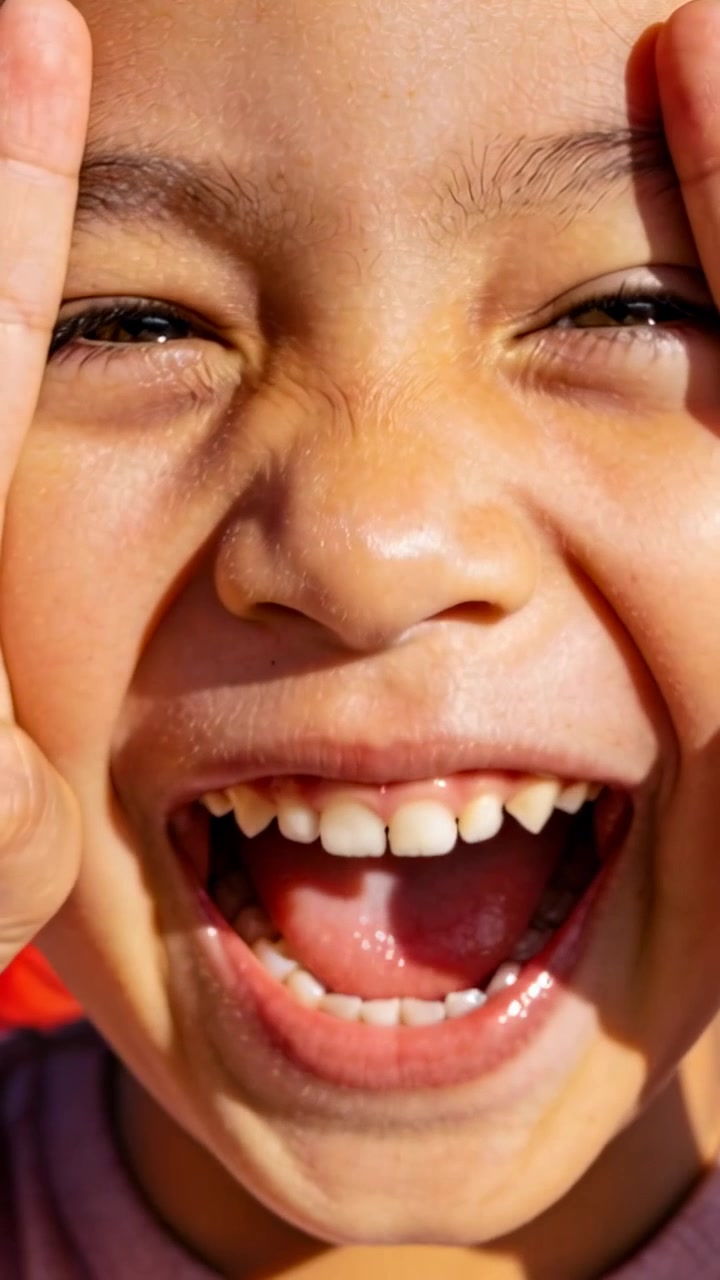 Video verticale: Ragazza che ride e fa il segno della V vicino al viso all'esterno, smartphone che riprende lo spazio tra i denti, maglietta rosa