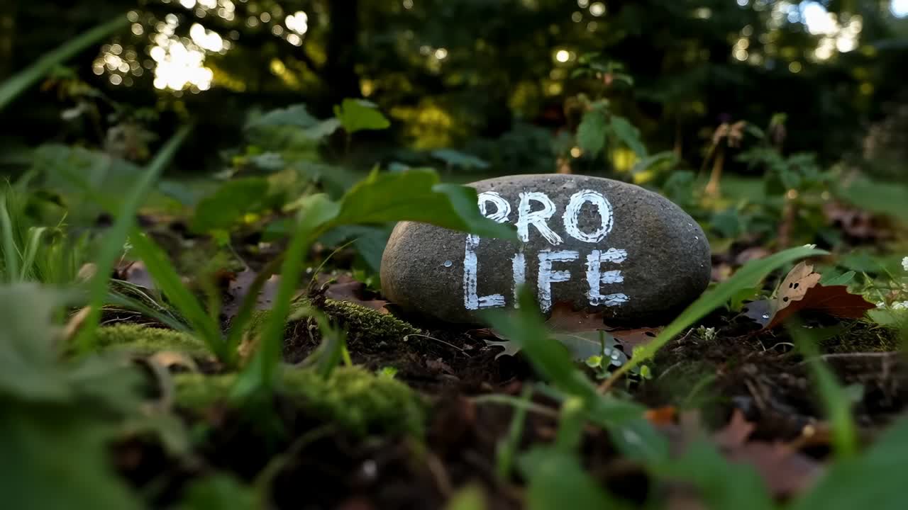 Moving camera pulling focus toward rock on forest floor, leaf shifting revealing white PRO LIFE
