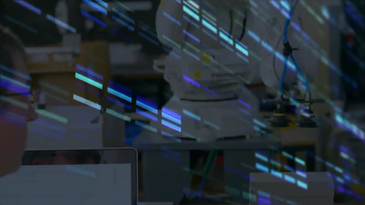 Animation of data processing over caucasian male scientists