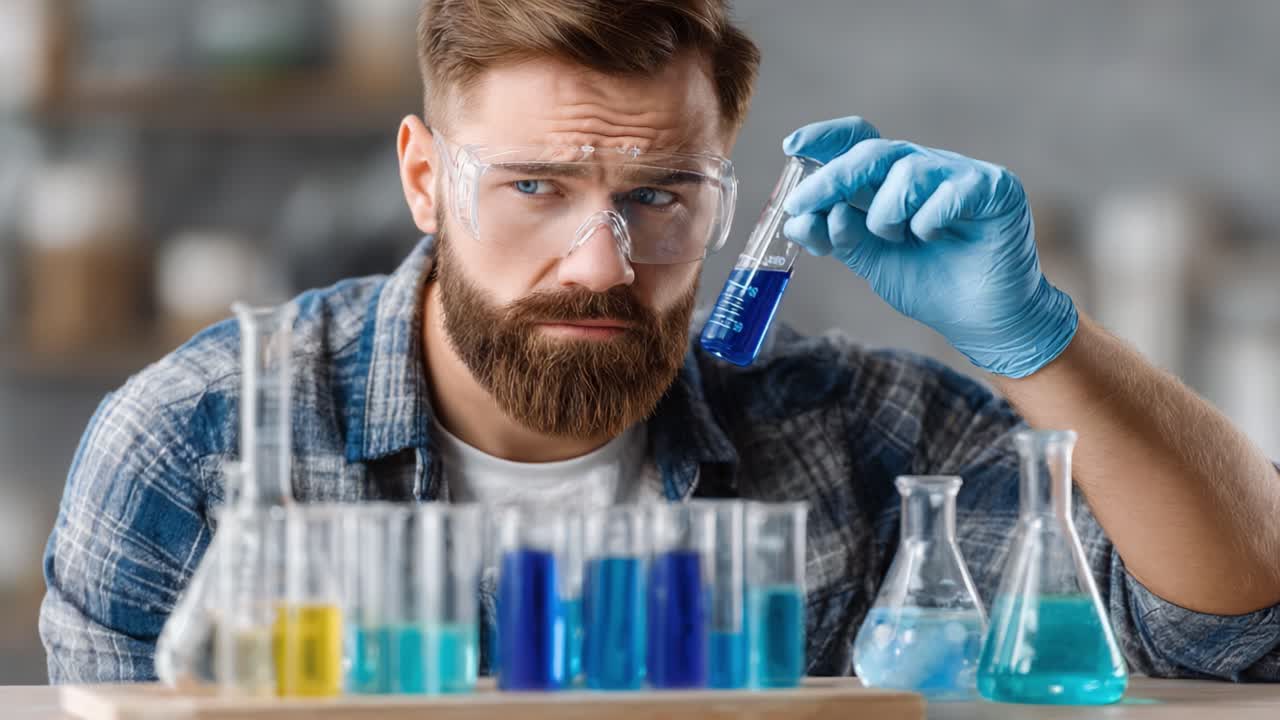 A Focused Scientist Analyzes Colorful Chemical Solutions in Laboratory Glassware, Seeking Insights from His Experimentations and Observations with Precision and Care