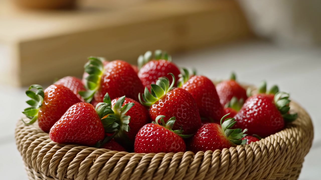 Vista ravvicinata di fragole lucide e mature ammucchiate in un cesto di vimini intrecciato, posizionato su un tagliere di legno. Una luce laterale calda e soffusa crea una profondità di campo ridotta.