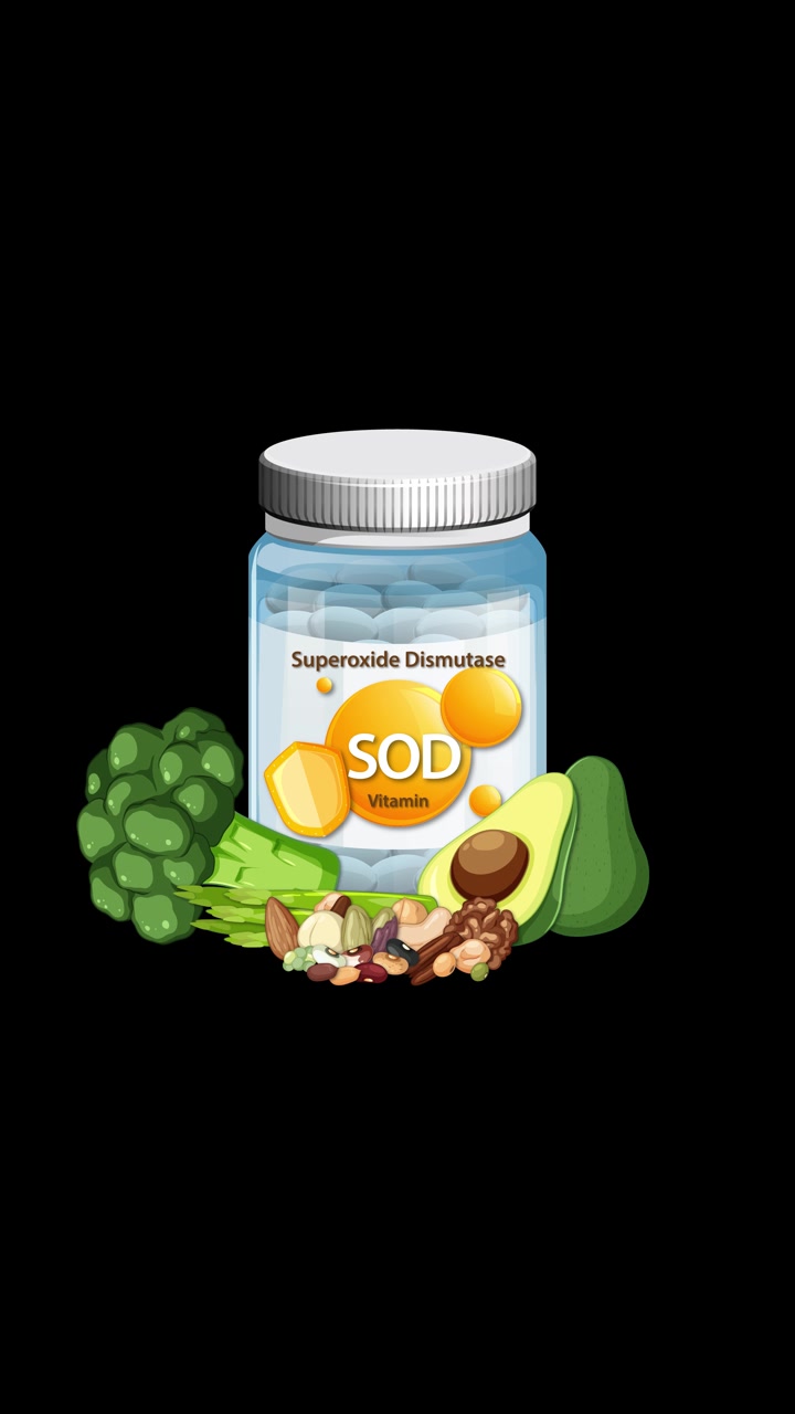 Flacone di integratore vitaminico gradualmente circondato da avocado, noci, asparagi e broccoli su sfondo nero