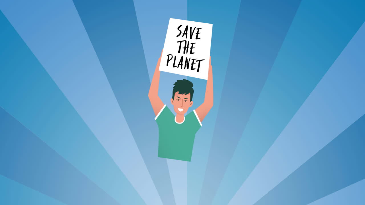 파란색 줄무 바탕에 사람이 들고 있는 플라카드 위에 있는 '세이브 더 플래'의 애니메이션