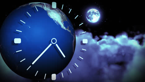 the earth spinning and a clock running. concept of passing time