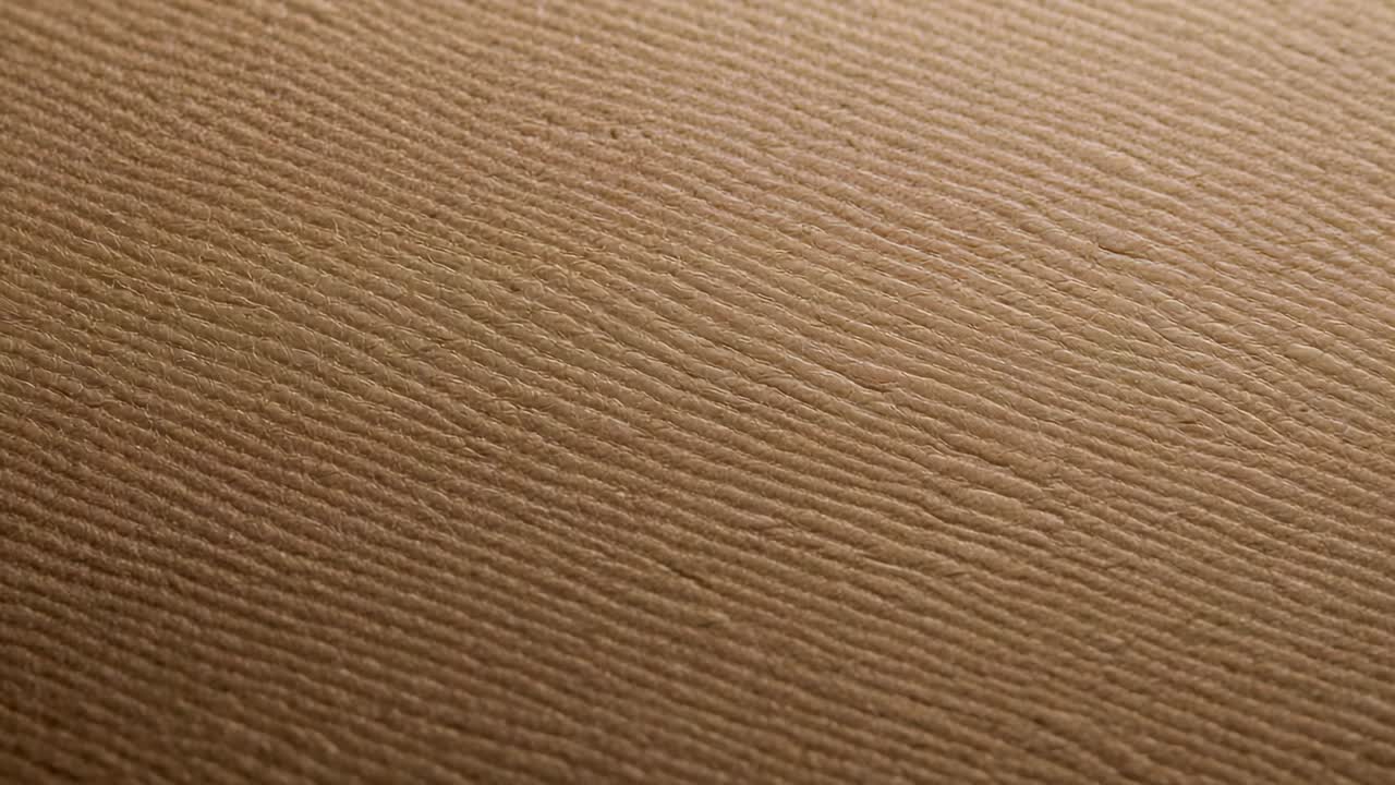 Shifting camera revealing closeup textured brown surface on tabletop, emphasizing ridge detail