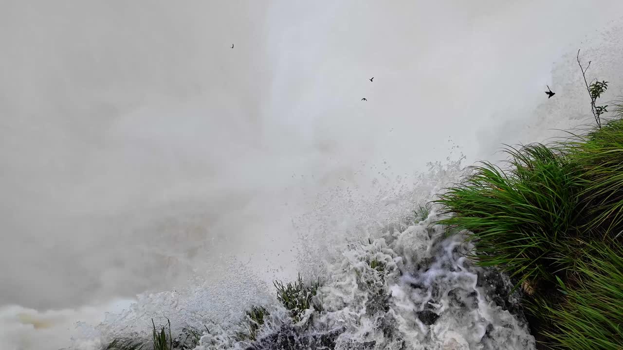 Top-down view over Iguazu Falls, the largest waterfall system in the world, straddling the Argentina-Brazil border. A dramatic view of cascading rivers amidst lush greenery.