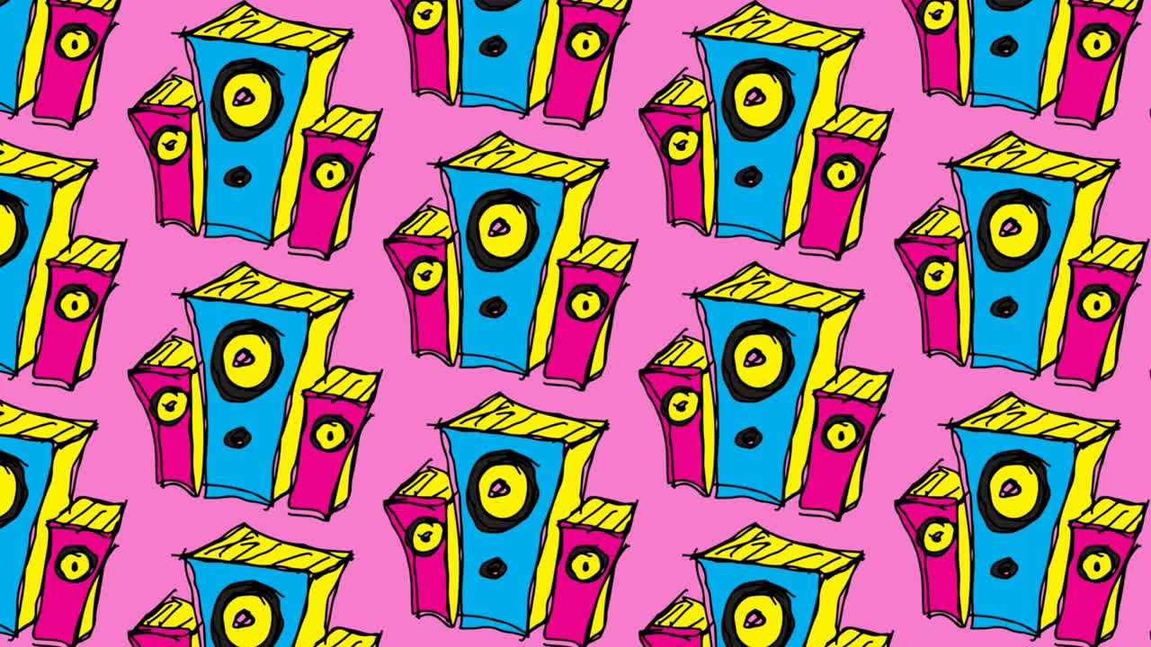 niños dibujando arte pop fondo sin costuras con el tema del sistema de sonido