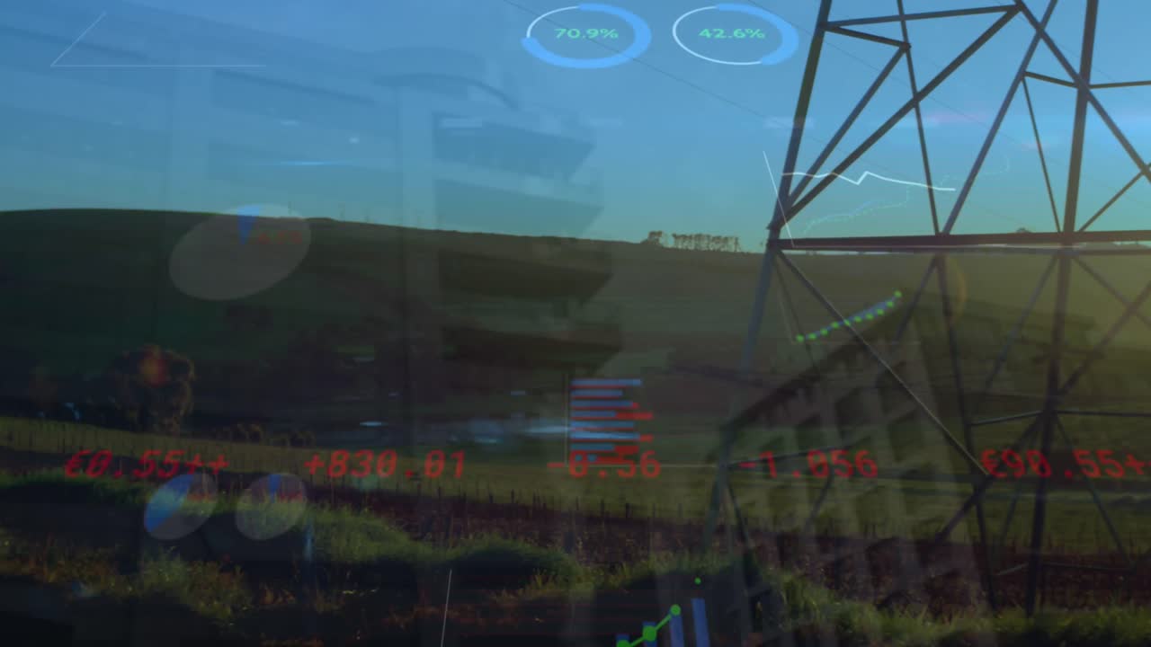 Animation of financial data processing over network tower against blue sky