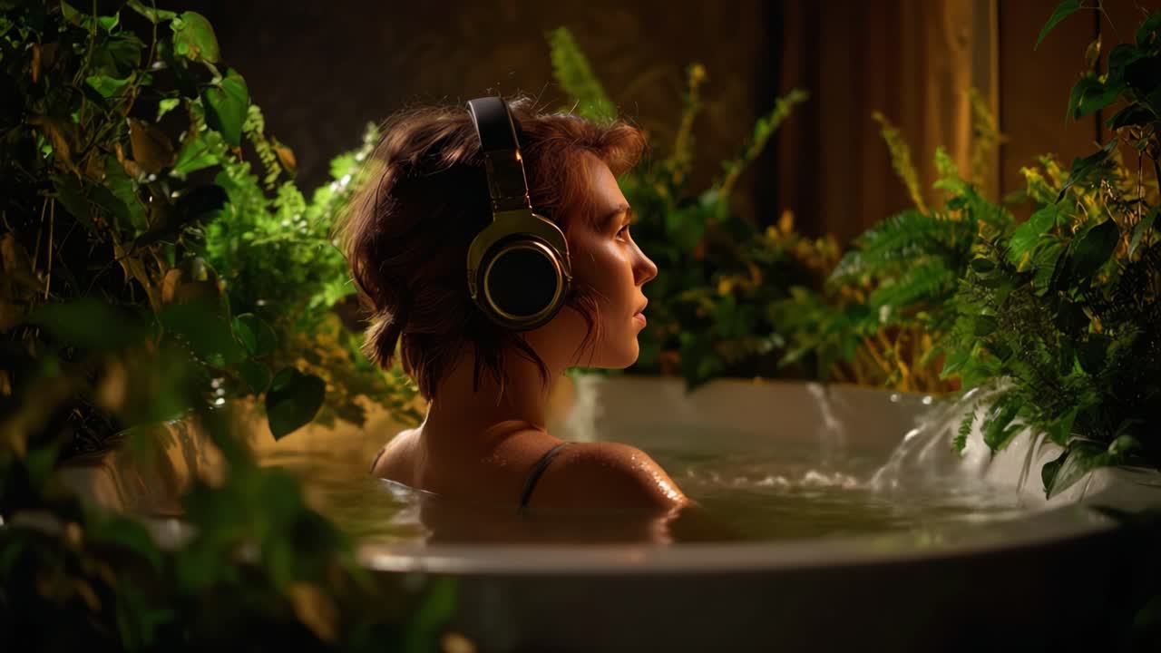 A serene moment of relaxation: a woman enjoying a calming bath surrounded by lush greenery and soothing sounds, immersed in tranquility with headphones on