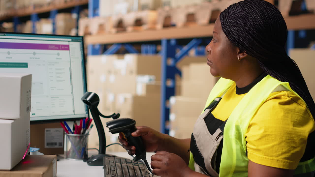 Staff member managing barcodes awb scanning tasks for online shopping orders