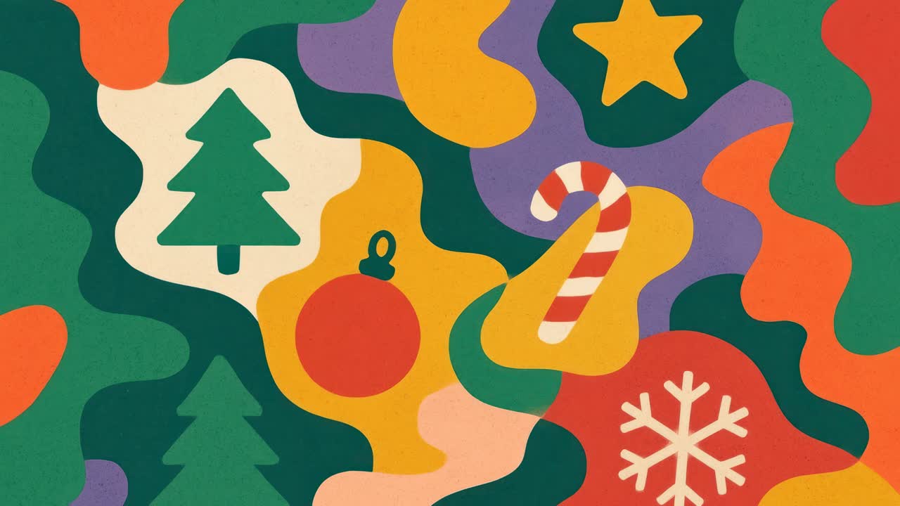 Colorful abstract holiday shapes in a flat lay style, perfect for a festive video backdrop
