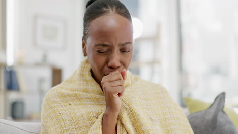 sick black woman, flu and cough in home of cold