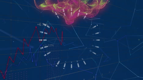 animation of light spots over data processing and network of connections on black background