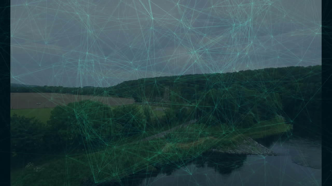 Data processing animation over landscape showing network of connections in motion