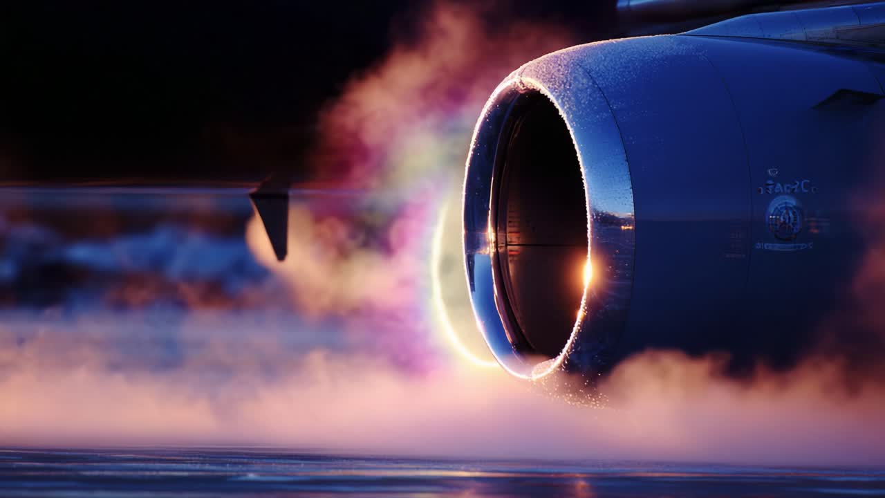 A Stunning Close-Up of a Jet Engine with Vibrant Steam and Reflective Surfaces, Capturing the Power and Precision of Aviation Technology in Action