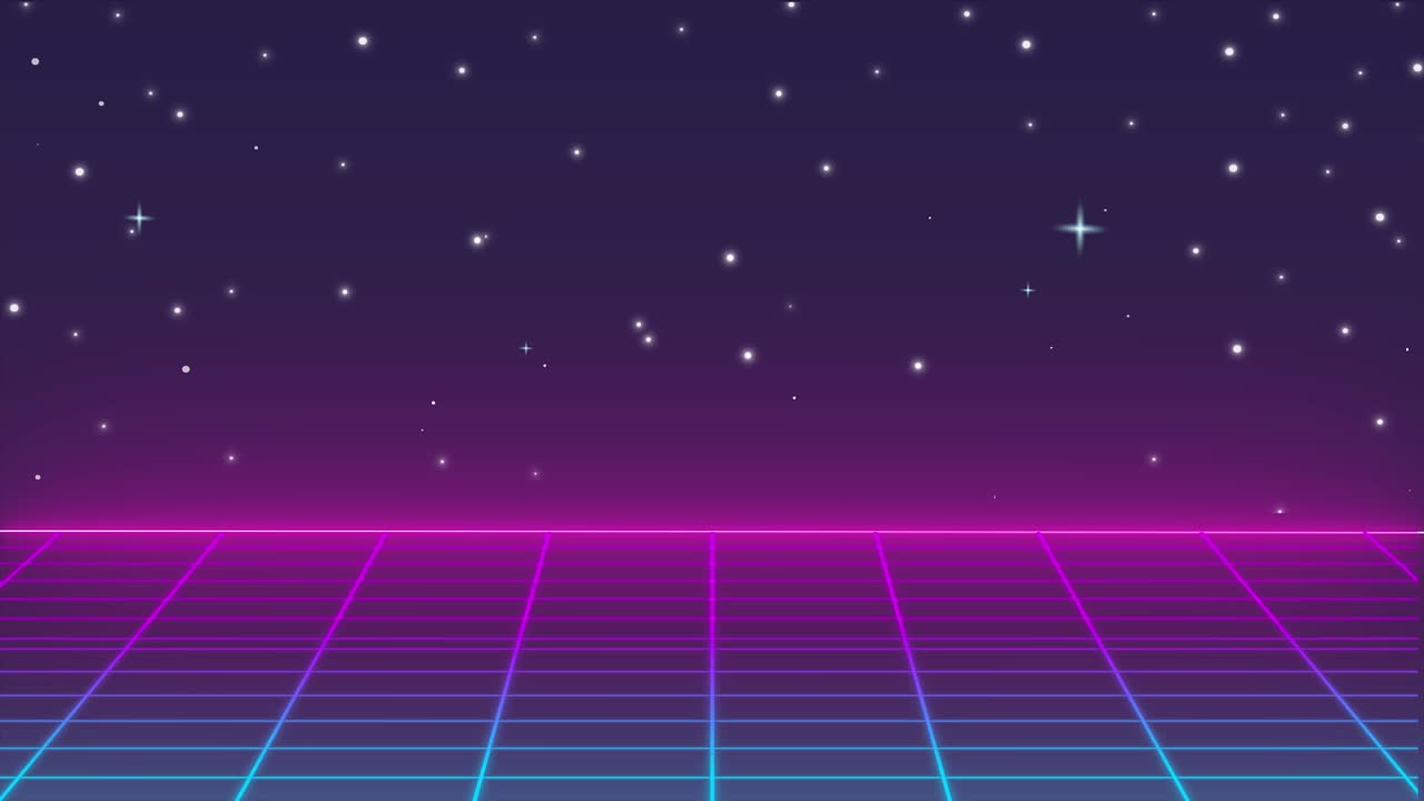 80s retro futuristic sci-fi background, seamless loop. Retro wave video game landscape with neon grids and stars. 4k