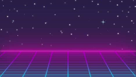 80s retro futurista fondo de ciencia ficción, bucle sin costuras. paisaje de videojuego de onda retro con cuadrículas de neón y estrellas. 4k