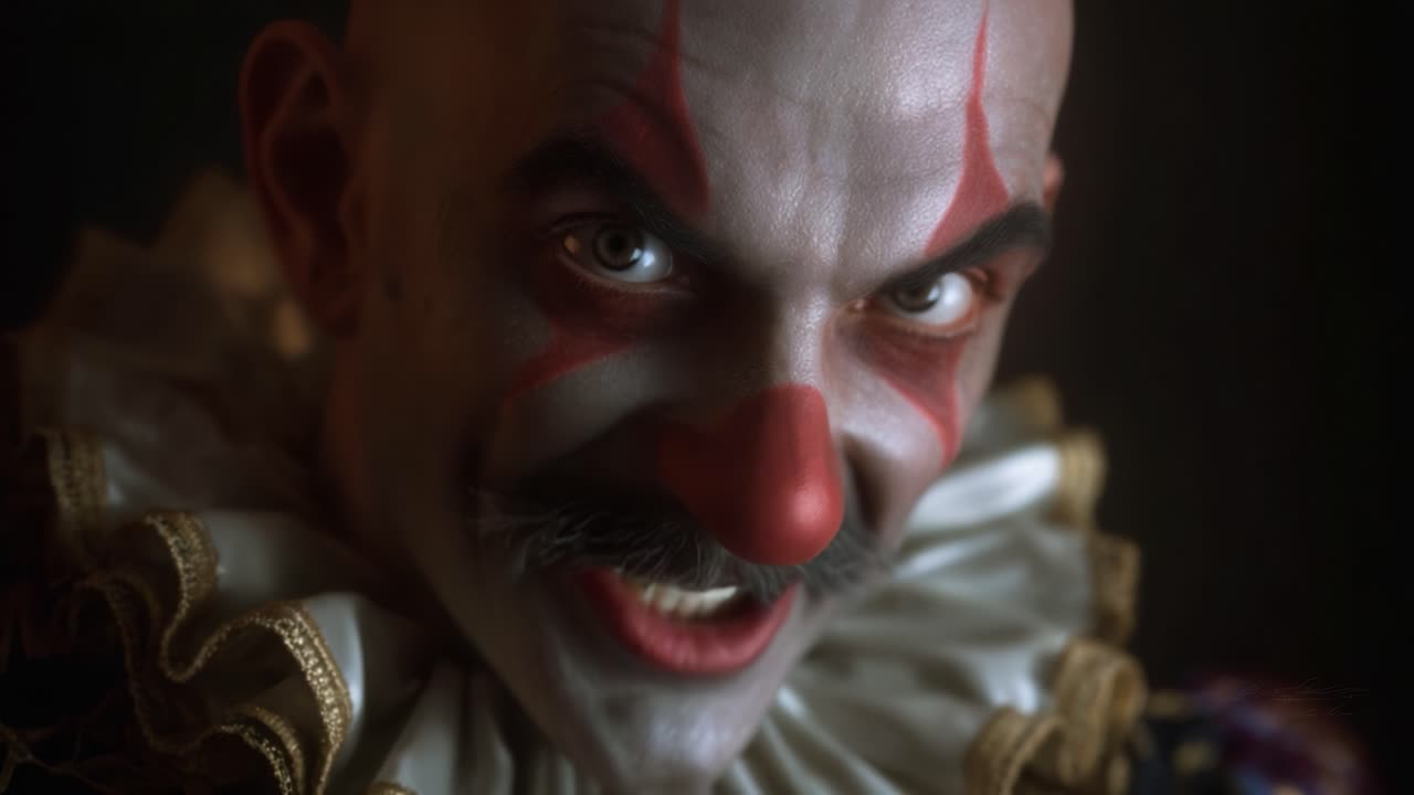 A Mysterious Clown Character Revealed in Two Frames Showcasing Expressions of Intrigue and Emotion Through Artful Makeup and Costume Details