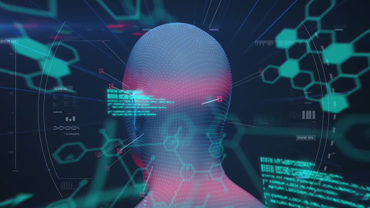 Animation of digital head and data processing on black background