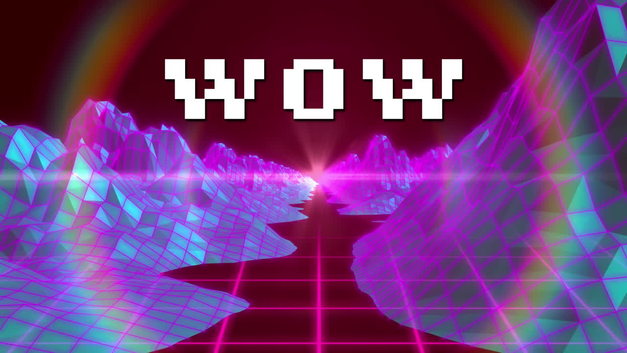 ⁇ 색 픽셀 텍스트의 애니메이션 와우, 분홍색 그리드와 분홍색과 파란색 풍경, 갈색에