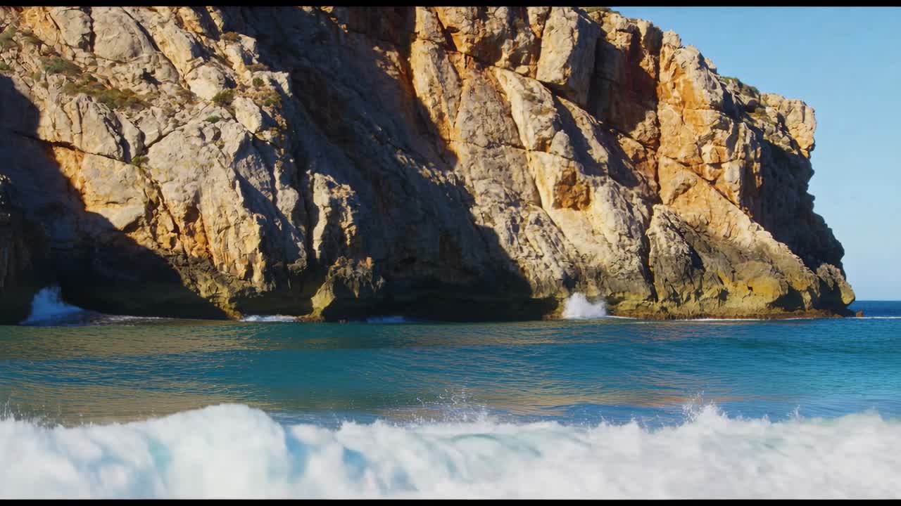 Advancing swell from right sending breaking wave onto cliff at headland, cave and foam washing