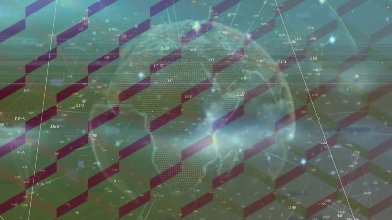 animación de glitch y globo girando en el fondo de patrón cambiante