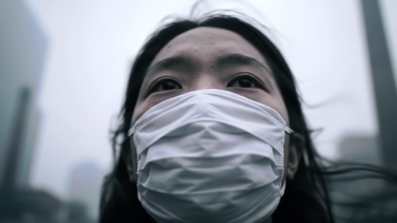 A Close-Up of a Person Wearing a Mask with an Expression of Concern Amidst a Hazy Urban Environment, Reflecting on the Challenges of Modern Living