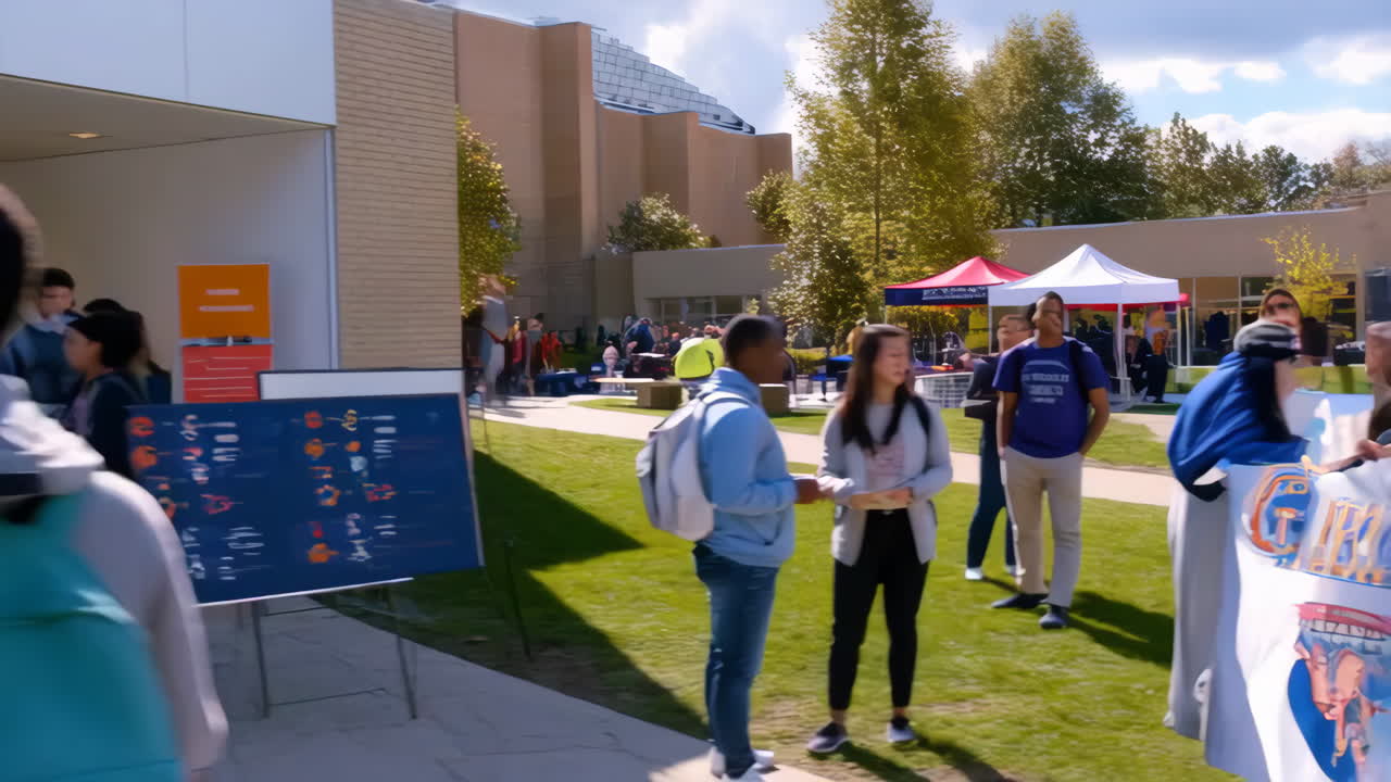 Students socializing and walking around a college campus